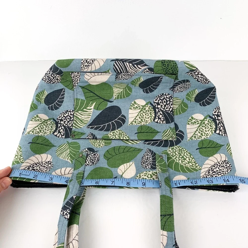 Canvas leaf tote bag large handmade tote blue with green, white & black leaves